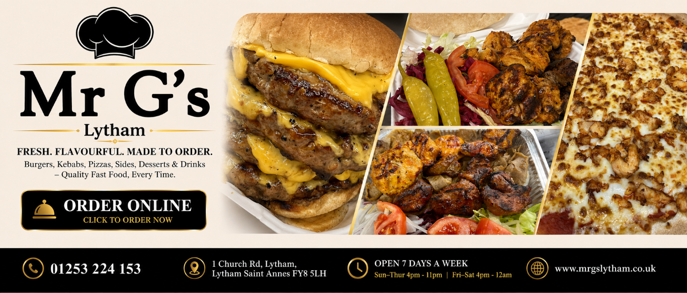 Mr G’s Lytham food banner with pizza, kebabs and burgers